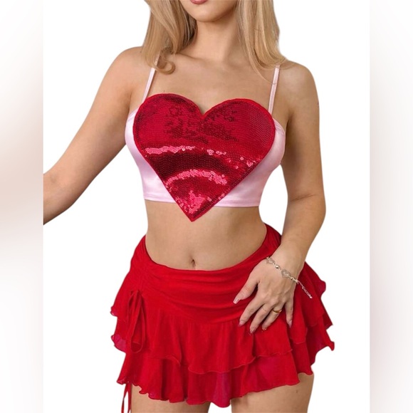 Red Sequin Heart Top and Skirt Set - Picture 1 of 3
